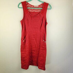 Lina Tomei Italy 100% Linen Red Pleated Shift Dress Pockets sz S